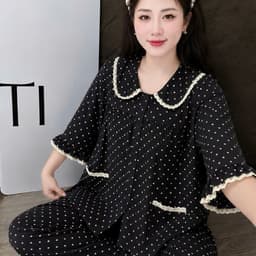 SET ĐỒ BỘ NỮ,ĐỒ MẶC NHÀ,PYJAMA,SET SUÔNG TAY LỠ QUẦN DÀI ĐŨI VÂN MÂY CỔ SEN PHỐI REN CHẤM BI FORM RỘNG BIGSIZE 40-80KG 4