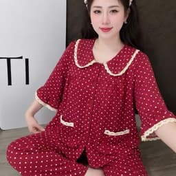 SET ĐỒ BỘ NỮ,ĐỒ MẶC NHÀ,PYJAMA,SET SUÔNG TAY LỠ QUẦN DÀI ĐŨI VÂN MÂY CỔ SEN PHỐI REN CHẤM BI FORM RỘNG BIGSIZE 40-80KG 2