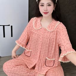SET ĐỒ BỘ NỮ,ĐỒ MẶC NHÀ,PYJAMA,SET SUÔNG TAY LỠ QUẦN DÀI ĐŨI VÂN MÂY CỔ SEN PHỐI REN CHẤM BI FORM RỘNG BIGSIZE 40-80KG 3