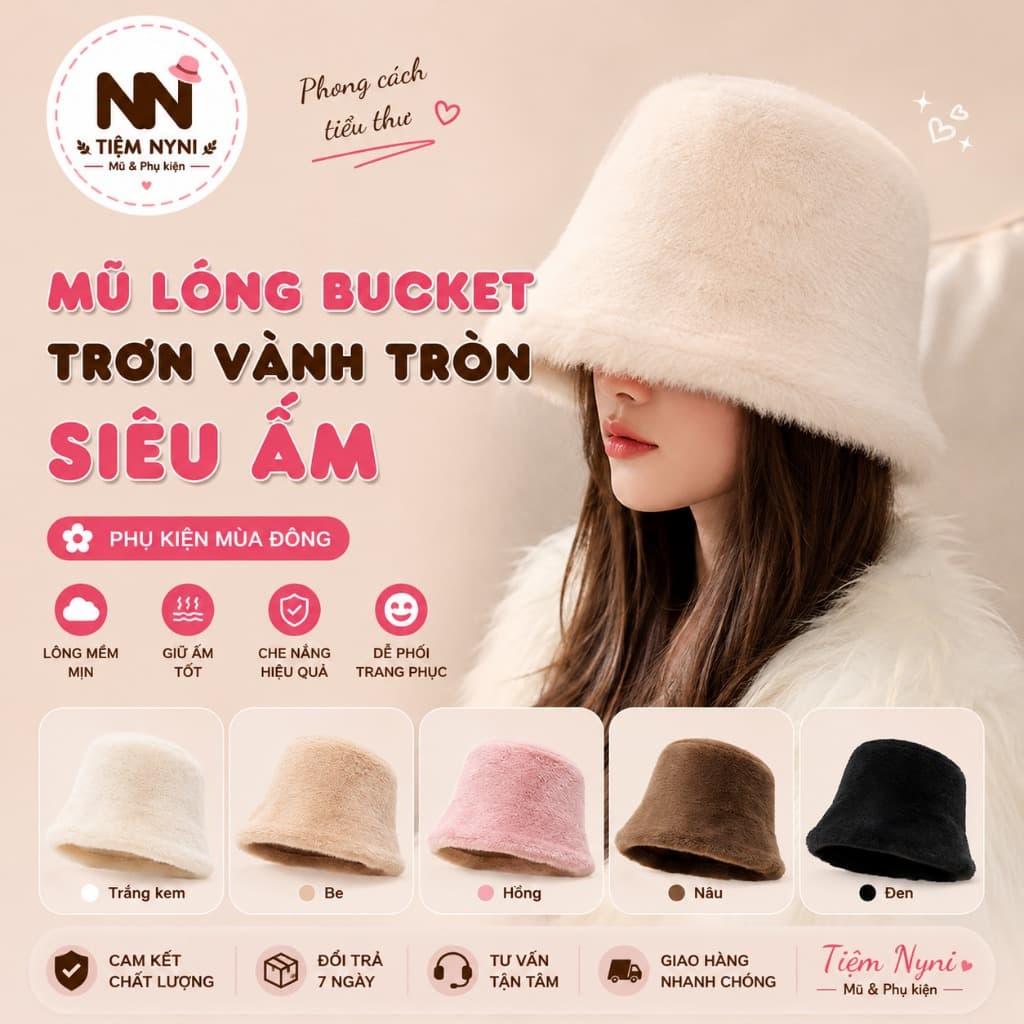 Mũ lông bucket trơn vành tròn siêu ấm, chất lông mềm mịn, nhẹ đầu, giữ form tốt.