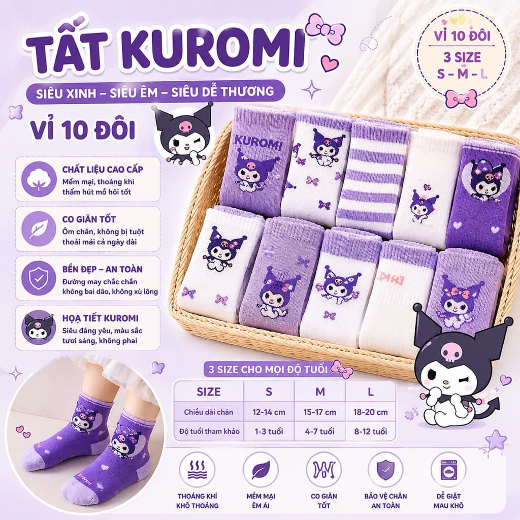 Set 10 Đôi Tất Kuromi Bé Gái Cổ Cao Cotton Mềm Mại Co Giãn Thấm Hút Mồ Hôi Vớ Hoạt Hình Dễ Thương Size S M L