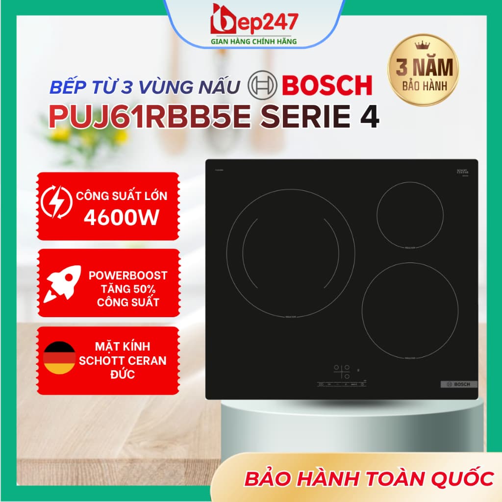 Bếp Từ Bosch PUJ61RBB5E Serie 4 3 Vùng Nấu Âm Bàn Chính Hãng 4600W Gia Nhiệt Nhanh Nhận Diện Nồi Hẹn Giờ Nấu An Toàn
