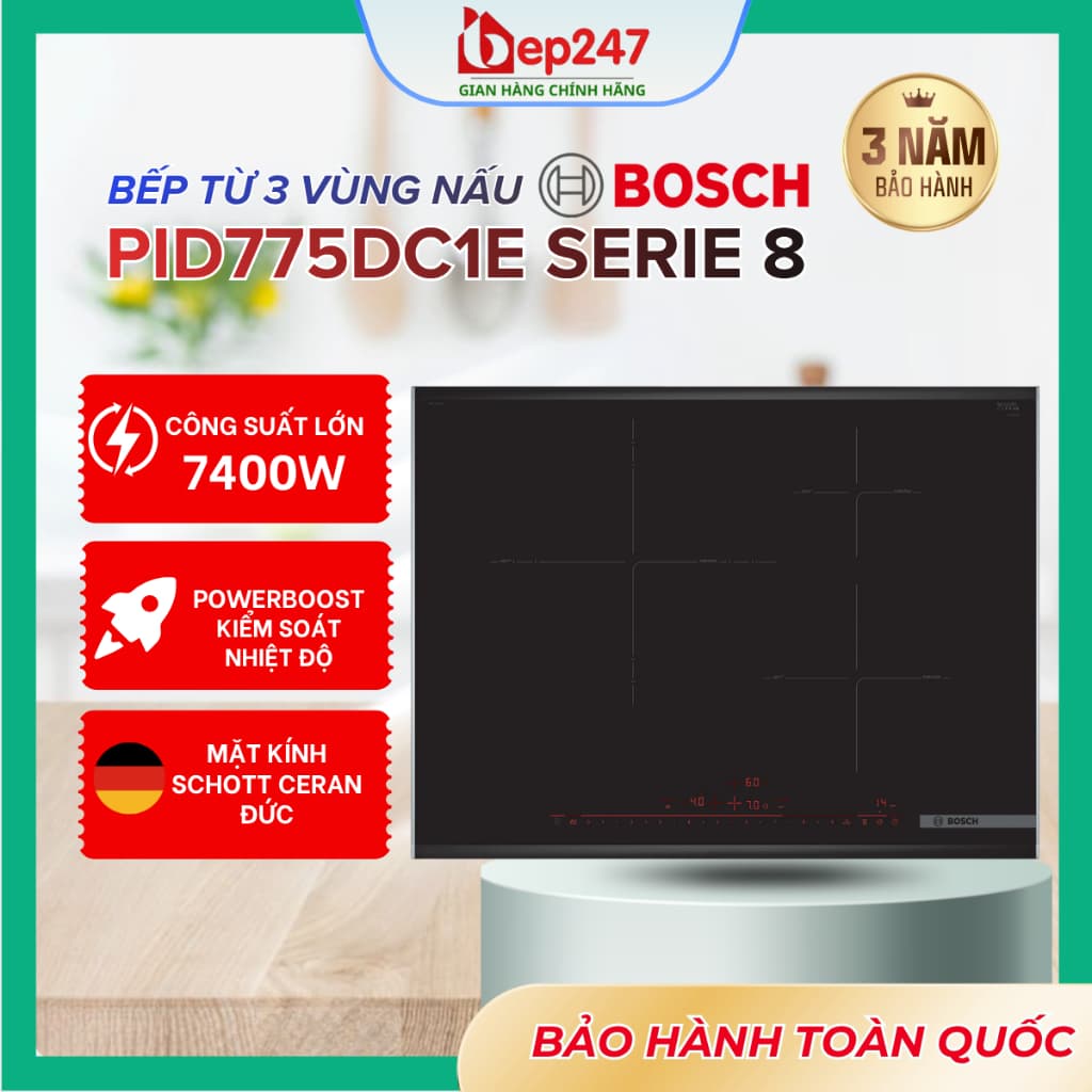 Bếp Từ Bosch PID775DC1E Serie 8 3 Vùng Nấu Chính Hãng 70cm Cảm Biến 7400W Gia Nhiệt Nhanh Điều Khiển Thông Minh Đa Chế