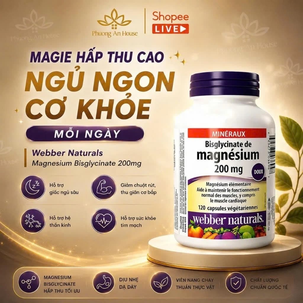 [Hỏa Tốc] Viên Uống Bổ Sung Magie Webber Naturals Magnesium Bisglycinate 60/120 Viên Giảm Stress Ngủ Ngon Tốt Tim Mạch
