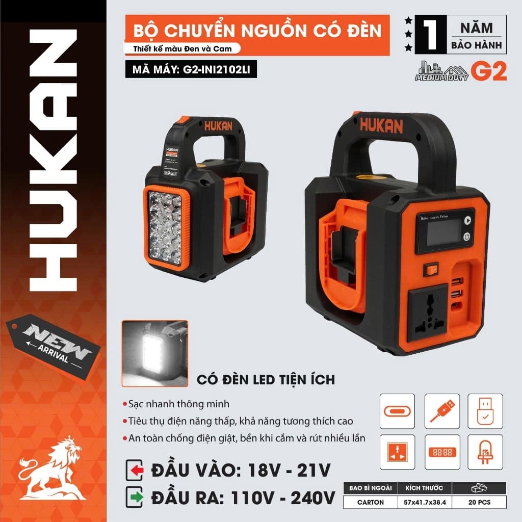 Bộ chuyển nguồn HUKAN G2-INI2102LI, Chuyển pin 21V - 220V, Tích hợp đèn LED - cổng sạc USB/Type-C