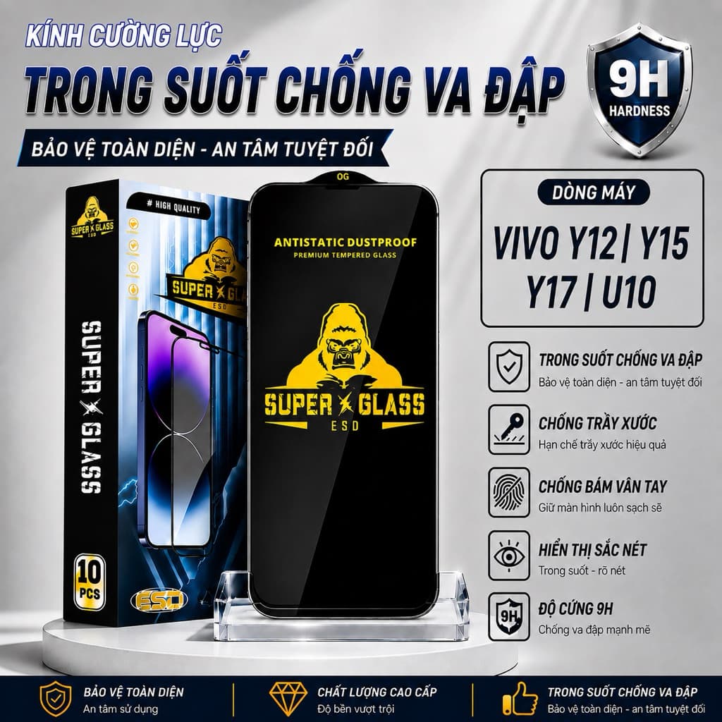 Kính cường lực Vivo U10, Y12, Y15, Y17 cao cấp full màn miếng dán bảo vệ màn hình đt