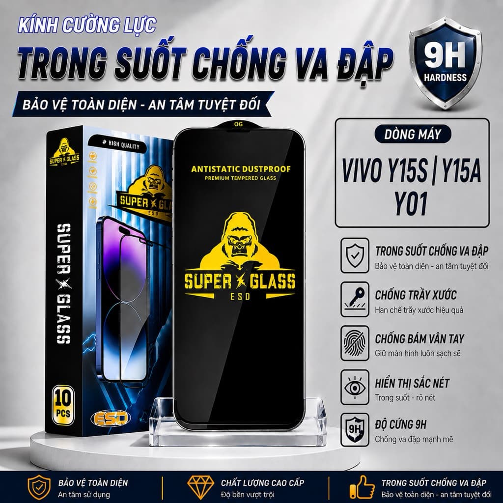 Kính cường lực Vivo Y15S / Y15A / Y01 cao cấp full màn miếng dán bảo vệ màn hình điện thoại