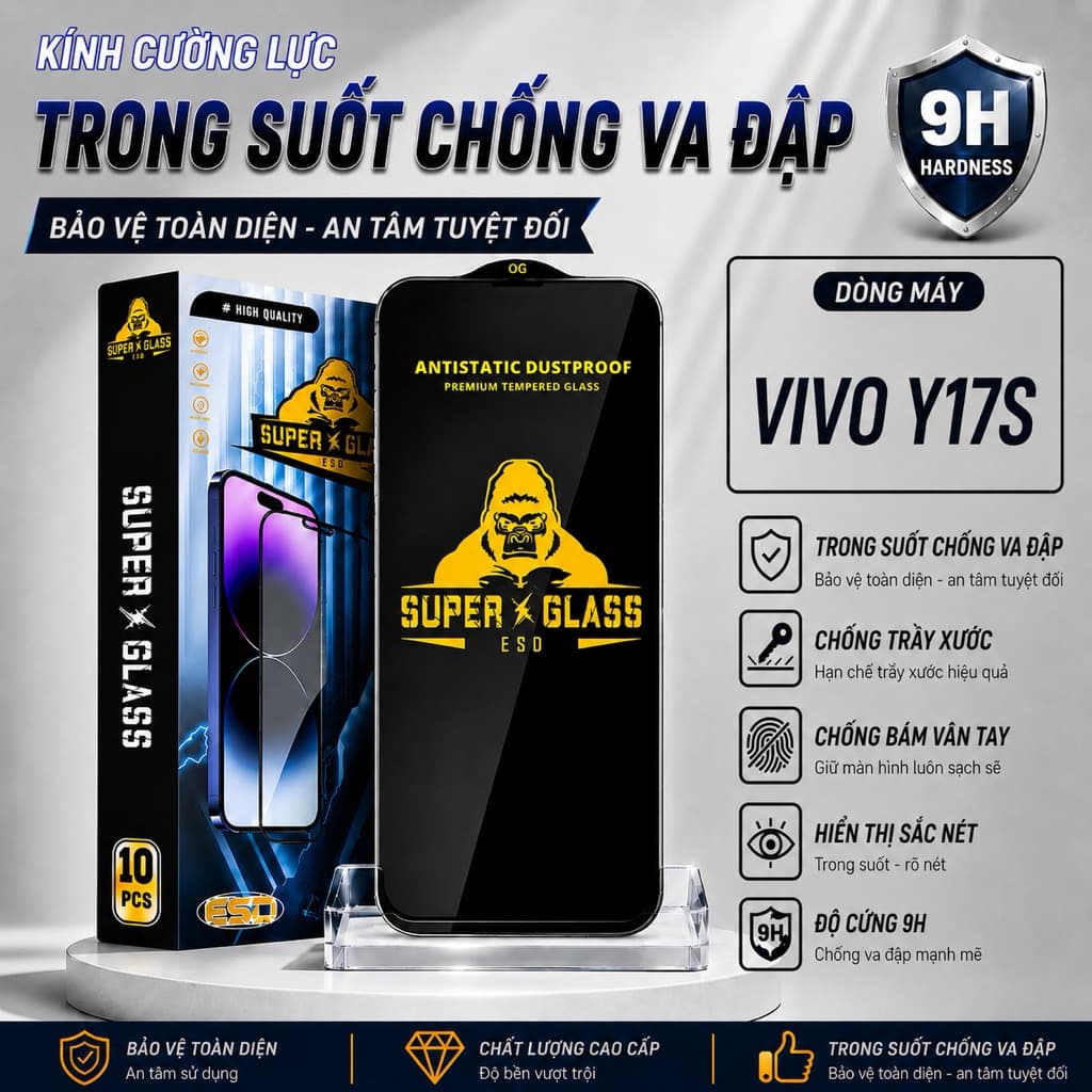 Kính cường lực Vivo Y17S cao cấp thế hệ mới full màn miếng dán bảo vệ màn hình điện thoại khi rơi