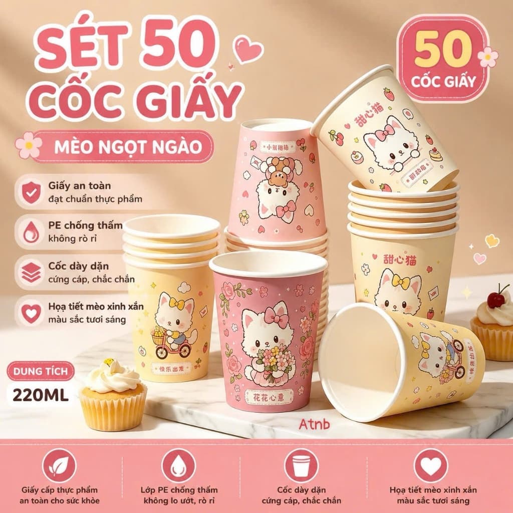 Set 50 Cốc Giấy Chịu Nhiệt Dùng 1 Lần, Dung Tích 220ml, Cốc Dùng 1 Lần Cao Cấp An Toàn Cho Sức Khoẻ