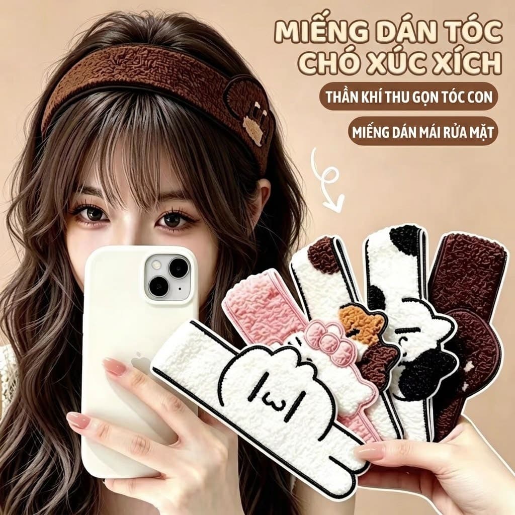 Miếng Dán Tóc Mái Dáng Dài Hình Thú Cưng Đáng Yêu Chống Hằn Nếp Dùng Khi Rửa Mặt, Makeup