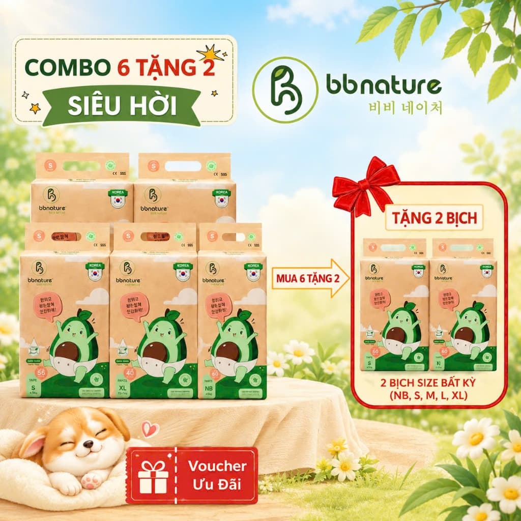Combo mua 6 tặng 2 bịch Tã/bỉm BB NATURE cho bé đủ size NB60,S56,M52,M48,L44,XL40,XXL38,XXXL34