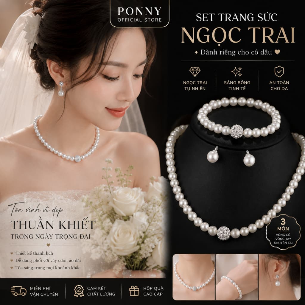 Set Trang Sức Cô Dâu Ngọc Trai 3 Món – Vòng Cổ Vòng Tay Khuyên Tai Ngọc Trai Sang Trọng Dự Tiệc Cưới