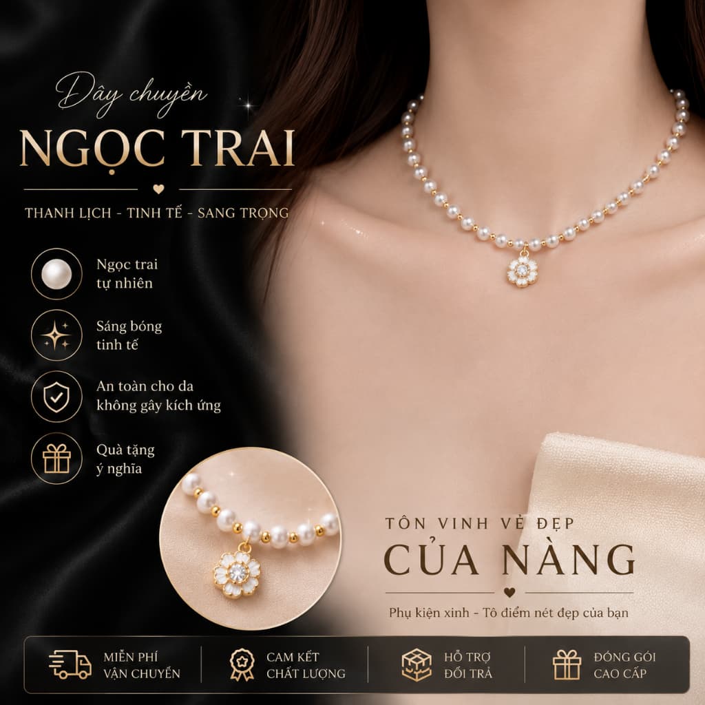 Dây Chuyền Ngọc Trai Hoa Trà Trắng Cô Dâu Thanh Lịch – Vòng Cổ Ngọc Trai Nữ Mặt Hoa Đính Đá Sang Trọng Dự Tiệc Cưới