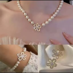 Set Trang Sức Cô Dâu Ngọc Trai 3 Món – Vòng Cổ Vòng Tay Khuyên Tai Hoa Đính Đá Sang Trọng 2