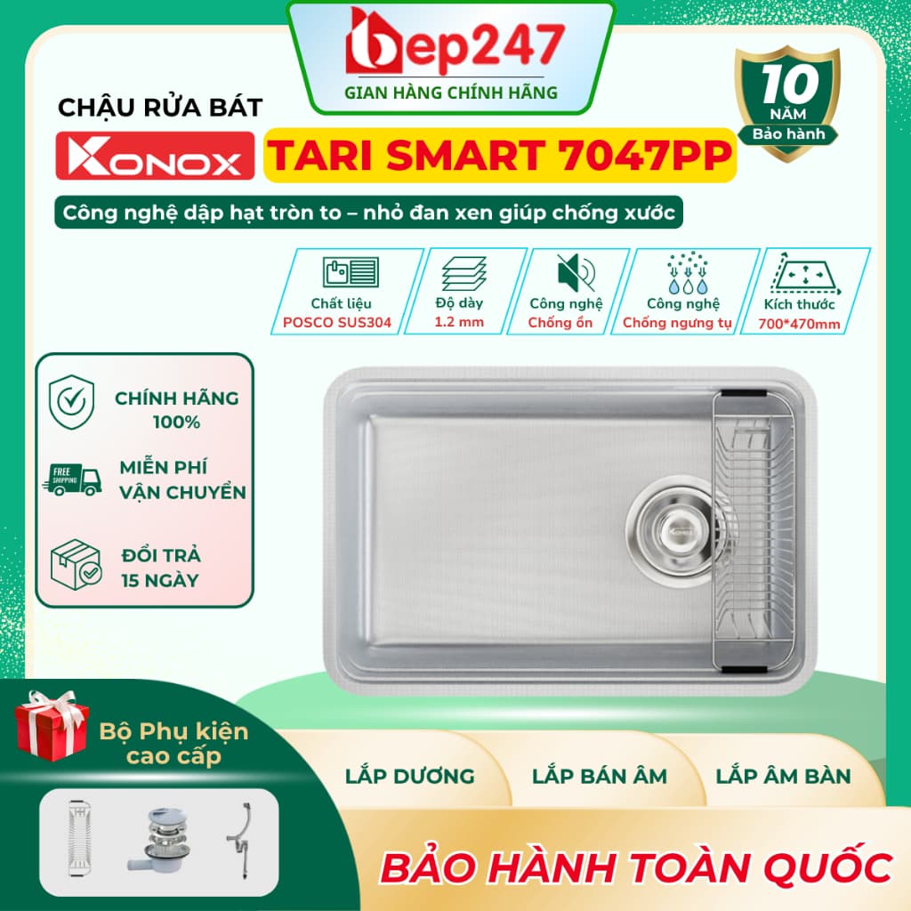 Chậu Rửa Bát Konox Tari Smart 7047PP Inox SUS304 Chống Xước 1 Hố Cao Cấp 700x470mm Lắp Âm Bàn Đá