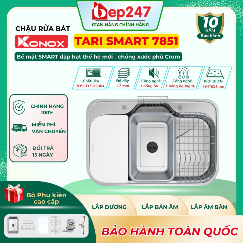 Chậu Rửa Bát Konox Tari Smart 7851 Inox POSCO SUS304 1 Hố Chống Xước Smart Kèm Đủ Phụ Kiện