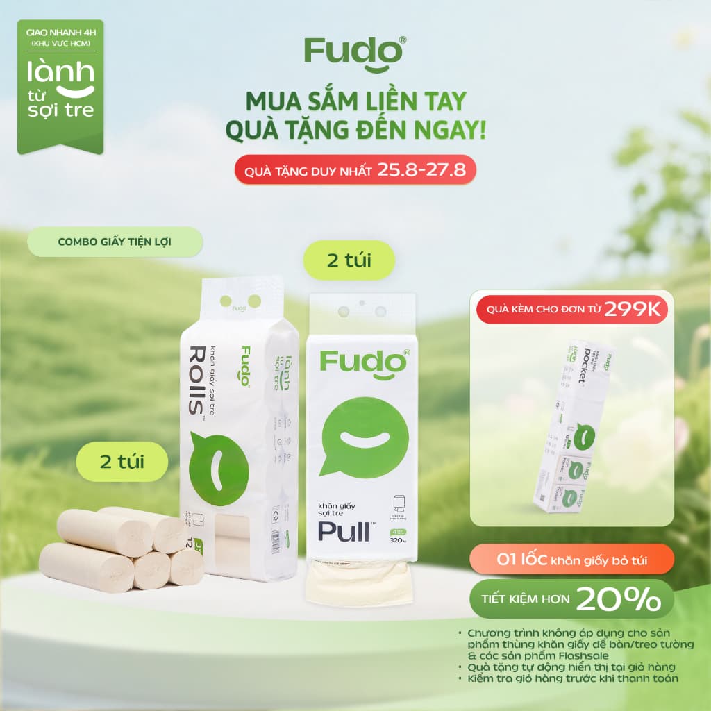 [COMBO 4 TÚI] Khăn giấy Fudo 3 lớp 100% sợi tre tự nhiên không tẩy trắng (2 Không Lõi, 2 Treo Tường)