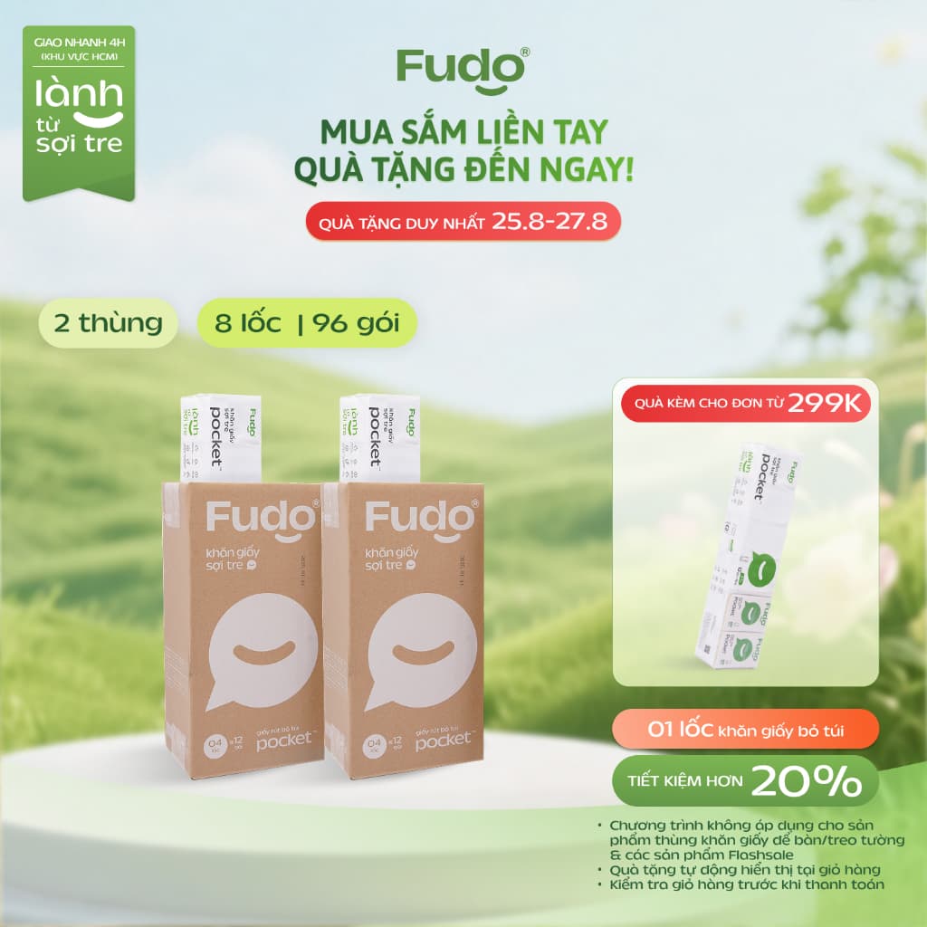 [2 THÙNG] Khăn giấy Fudo 3 lớp bỏ túi 100% sợi tre tự nhiên không tẩy trắng - 96 gói