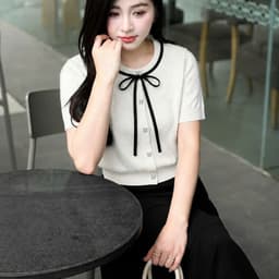 Áo Len Nữ Ngắn Tay Phối Nơ Tiểu Thư, Chất Len Dệt Kim Mềm Mịn Phong Các Trẻ Trung 5