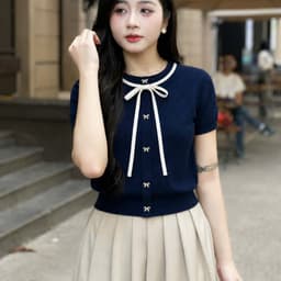 Áo Len Nữ Ngắn Tay Phối Nơ Tiểu Thư, Chất Len Dệt Kim Mềm Mịn Phong Các Trẻ Trung 6