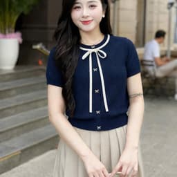 Áo Len Nữ Ngắn Tay Phối Nơ Tiểu Thư, Chất Len Dệt Kim Mềm Mịn Phong Các Trẻ Trung 3