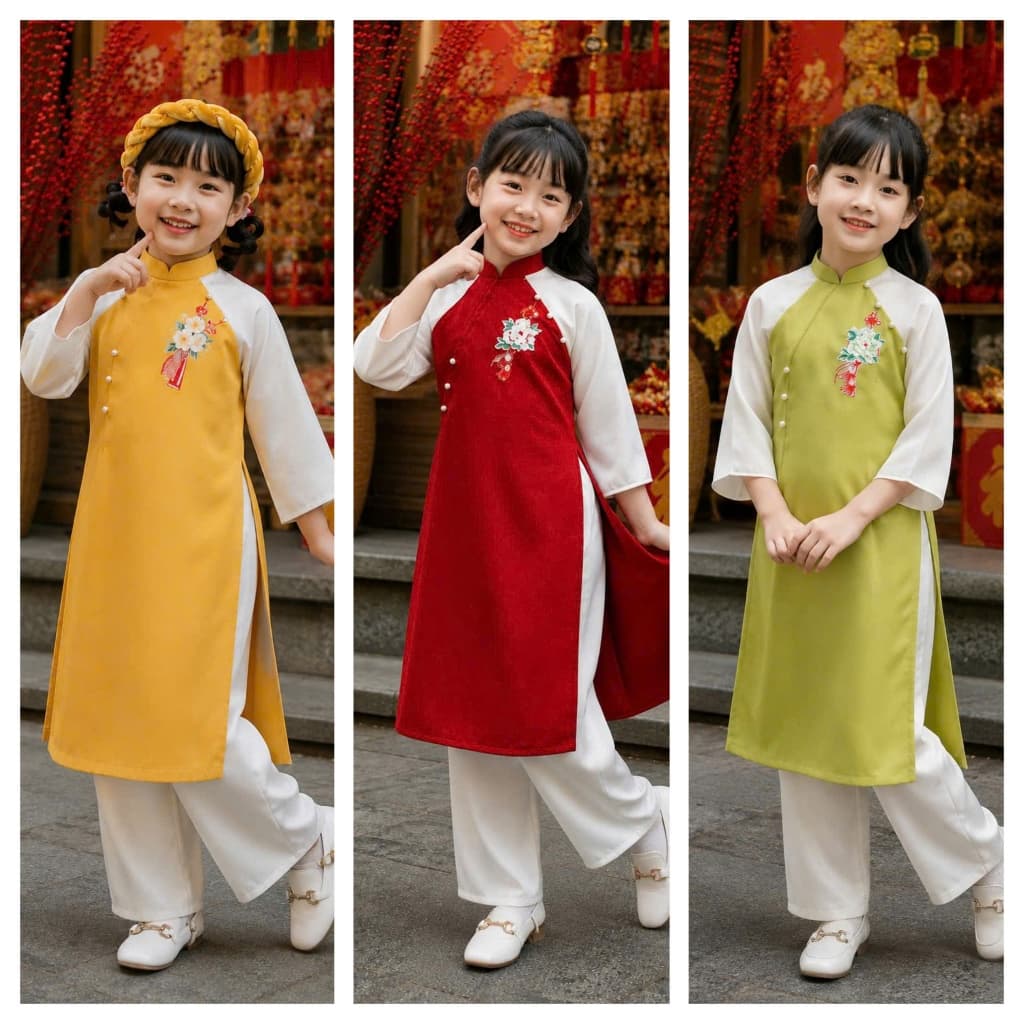 Áo dài thêu cho bé gái 3 màu vàng , đỏ, xanh chất liệu lụa Vân Châu cao cấp - đủ size cho bé tới 48 ký