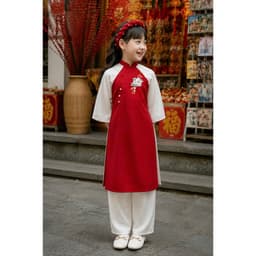 Áo dài thêu cho bé gái 3 màu vàng , đỏ, xanh chất liệu lụa Vân Châu cao cấp - đủ size cho bé tới 48 ký 5