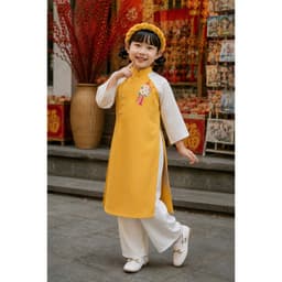 Áo dài thêu cho bé gái 3 màu vàng , đỏ, xanh chất liệu lụa Vân Châu cao cấp - đủ size cho bé tới 48 ký 3