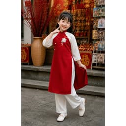 Áo dài thêu cho bé gái 3 màu vàng , đỏ, xanh chất liệu lụa Vân Châu cao cấp - đủ size cho bé tới 48 ký 7