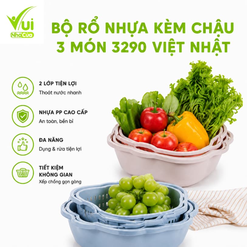 Bộ Rổ Thau Nhựa PP Cao Cấp 3 Món Đa Năng Việt Nhật GD42 - Bộ Rổ Chậu Nhựa Đa Năng 3 Chi Tiết