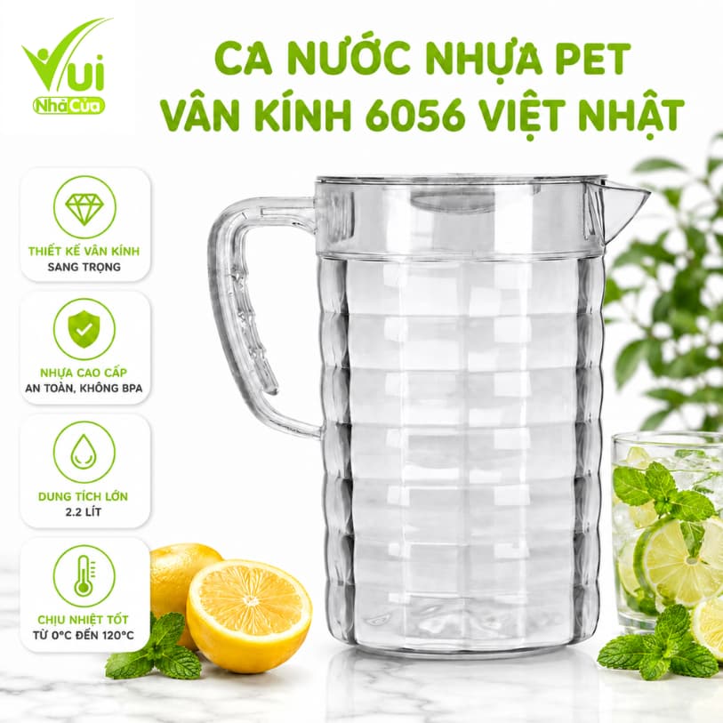 Ca Nước Nhựa PET Vân Kính Có Nắp Chịu Nhiệt Cao GD53 - Bình Đựng Nước Có Quai Cầm Trong Suốt