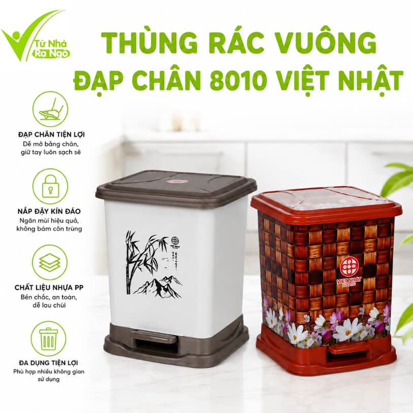 Thùng Rác Nhựa Vuông Nắp Bật Việt Nhật GD75 - Thùng Rác Đạp Chân Việt Nhật Ngăn Mùi Hiệu Quả