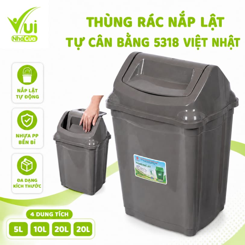 Thùng Rác Nắp Lật Tự Cân Bằng Nhựa PP Cao Cấp Nắp Tự Đóng Đa Dung Tích Gia Đình GD78