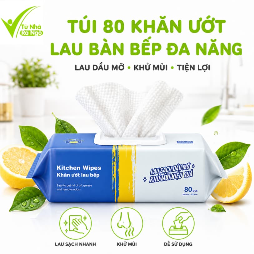 Khăn Uớt Lau Bàn Bếp Khử Mùi Không Hại Da Tay GD82 - Túi 80 Khăn Lau Nhà Bếp Siêu Dai Diệt Khuẩn