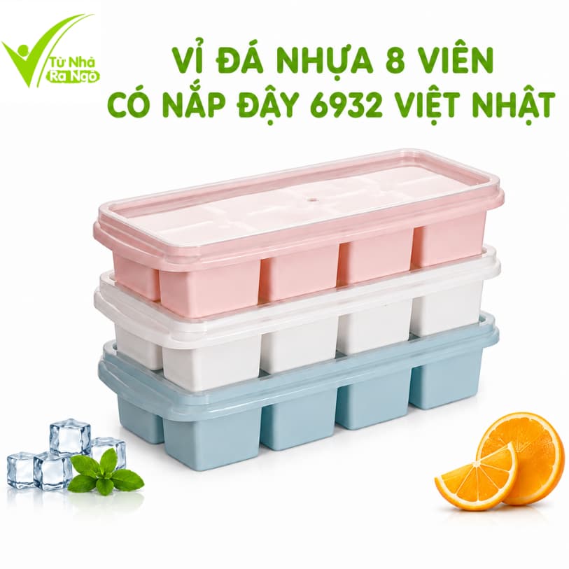 Vỉ Làm Đá Việt Nhật 6932 Có Nắp Đậy Bền Đẹp GD90 -  Khay Đựng Đá 8 Viên Chất Liệu PP Dễ Sử Dụng
