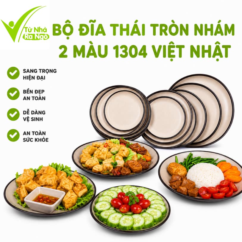Bộ Đĩa Gốm Sứ 2 Màu Men Nhám Sang Trọng Dùng Được Lò Vi Sóng Viền Nâu Nổi Bật An Toàn GD93