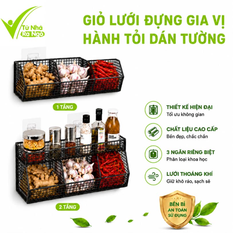 Kệ Giỏ Lưới 3 Ngăn Đựng Gia Vị 3 Ngăn 2 Tầng GD58 - Giỏ Đựng Đồ Nhà Bếp 3 Ngăn Treo Tường