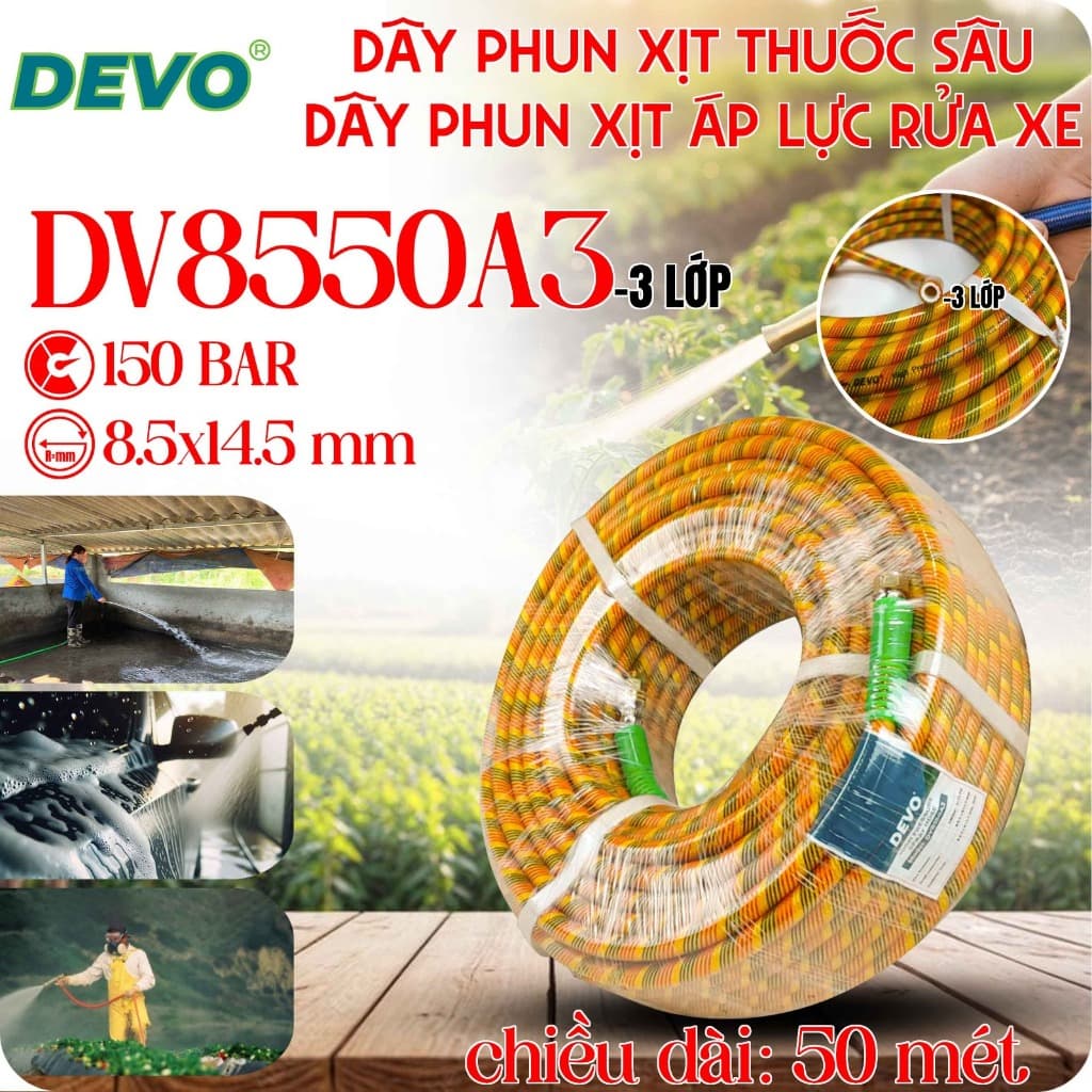 Dây phun xịt áp lực cao devo 8.5mmx14.5mm 5 lớp chất liệu nhựa pvc, áp lực tối đa 300 bar, dài 10m, 15m, 20m