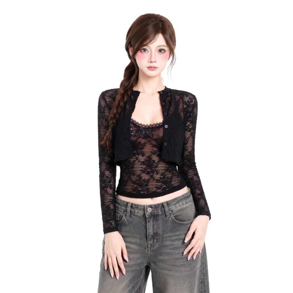 SET Áo 2 Dây Ren Hoa Phối Kèm Cardigan Tay Dài Cá Tính A51603