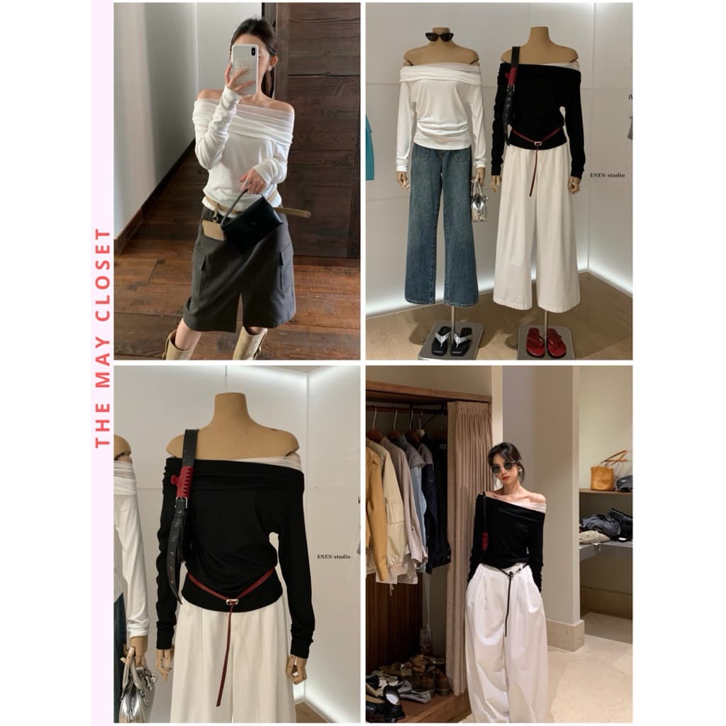 𝑨𝒏𝒏𝑺𝒕𝒖𝒅𝒊𝒐 /𝐄𝐍𝐄𝐍/ Áo Thun Trễ Vai Nữ Dài Tay Phối Lưới 10733 Nhún Vai Form Ôm Tôn Dáng Kiểu Hàn Quốc