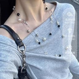 Dây Chuyền Ngọc Trai Đen Trắng Nữ Dáng Dài Nhiều Tầng Phối Hạt Bạc Cá Tính Thời Trang Y2K 1