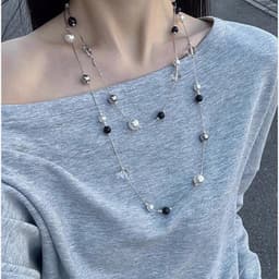 Dây Chuyền Ngọc Trai Đen Trắng Nữ Dáng Dài Nhiều Tầng Phối Hạt Bạc Cá Tính Thời Trang Y2K 5