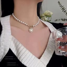 Vòng Cổ Ngọc Trai Nữ Mặt Trái Tim Đính Đá Khóa Chữ T Mạ Vàng Phụ Kiện Cô Dâu Tiệc Cưới 4