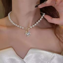 Vòng Cổ Ngọc Trai Nữ Mặt Trái Tim Đính Đá Khóa Chữ T Mạ Vàng Phụ Kiện Cô Dâu Tiệc Cưới 6