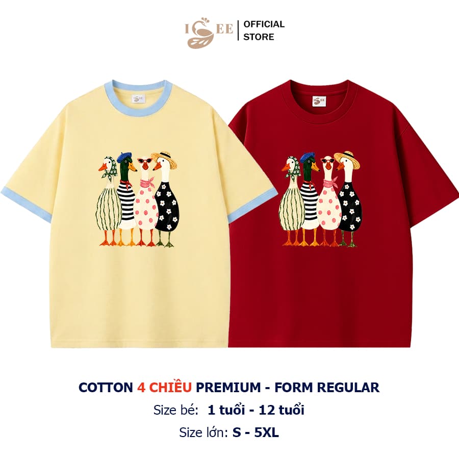 [9kg-100kg]  Áo thun gia đình, áo nhóm Unisex in 4 CHÚ VỊT ISEE VN form rộng vừa cotton 4 chiều Premium thoáng mát
