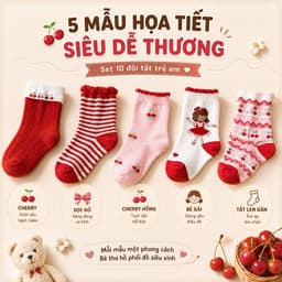 Set 5 Đôi/10 Đôi Tất Trẻ Em Cotton Cổ Cao, Tất Bé Gái Họa Tiết Cherry Dễ Thương, Size S M L 3