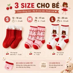 Set 5 Đôi/10 Đôi Tất Trẻ Em Cotton Cổ Cao, Tất Bé Gái Họa Tiết Cherry Dễ Thương, Size S M L 5
