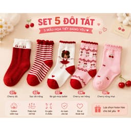 Set 5 Đôi/10 Đôi Tất Trẻ Em Cotton Cổ Cao, Tất Bé Gái Họa Tiết Cherry Dễ Thương, Size S M L 7