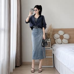 Chân Váy Jean Nữ Dài Thêu Đắp Túi CHEZI HOUSE, Chân Váy Bò Nữ Dáng Suông Chữ A Xẻ Sau Xanh Mài #8352 3
