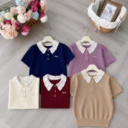 Áo len cộc tay phối cổ ren 3 khuy, kiểu dáng bo gấu, chất len dệt kim Evalover 3